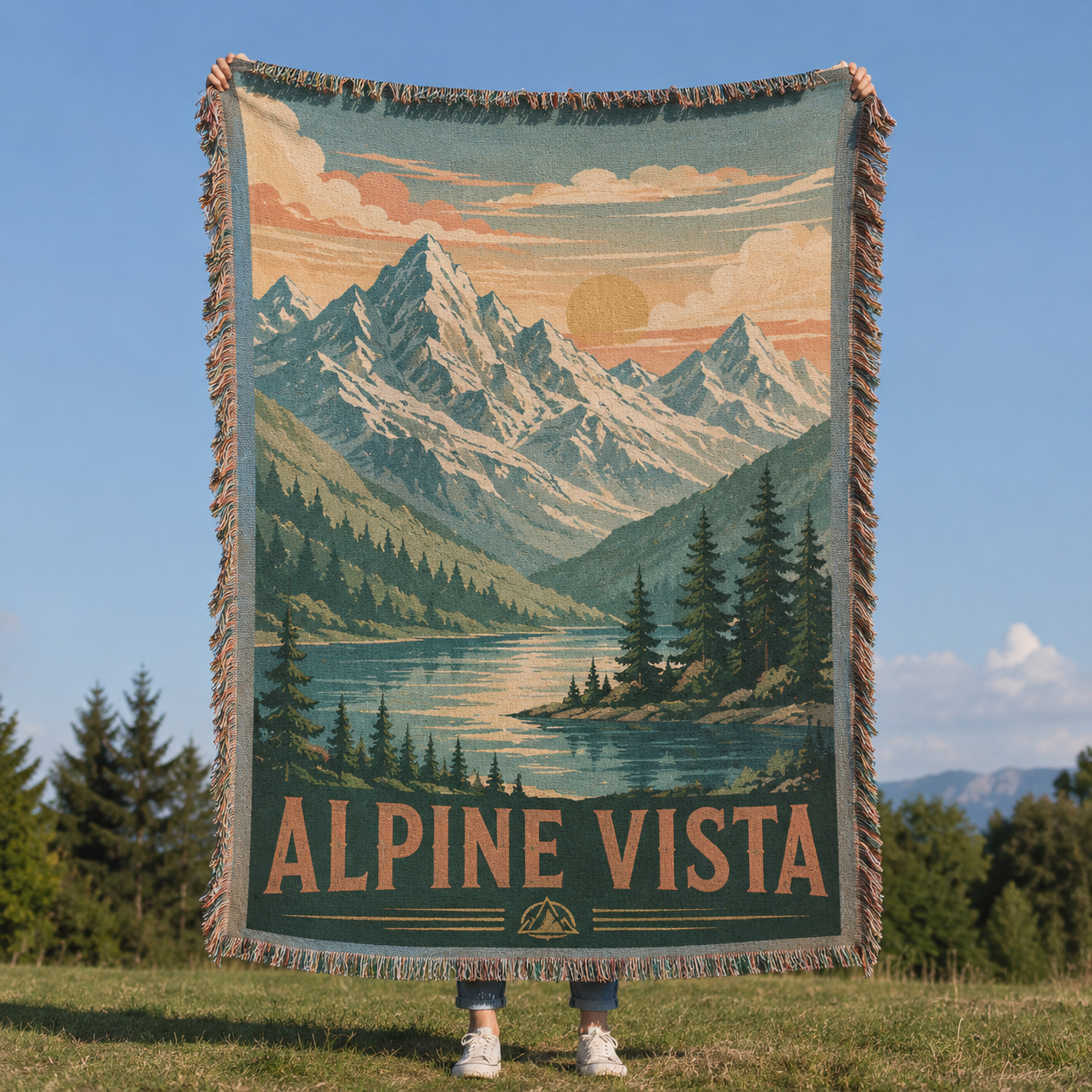 Alpine Vista mountain lake woven blanket product display