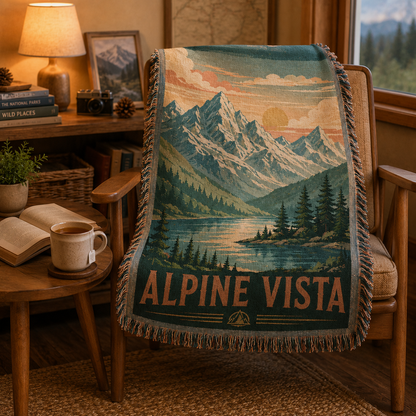 Alpine Vista woven blanket styled in a cozy mountain reading nook