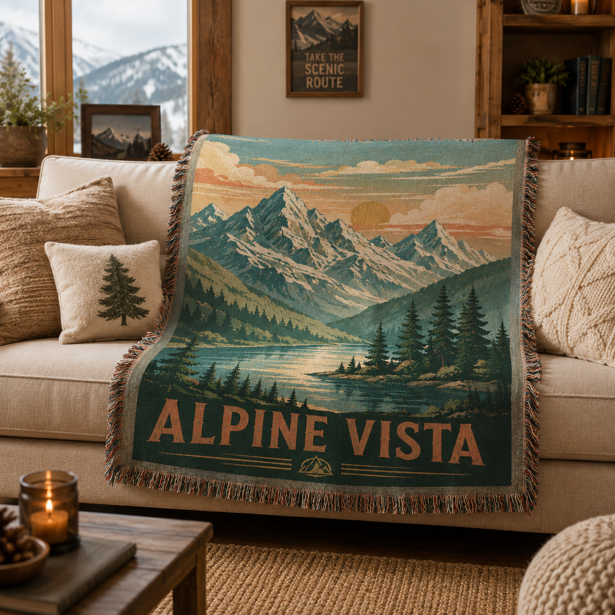 Alpine Vista woven blanket styled on a mountain lodge sofa