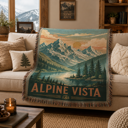 Alpine Vista woven blanket styled on a mountain lodge sofa