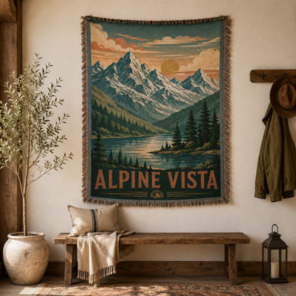 Alpine Vista woven blanket displayed as rustic wall tapestry