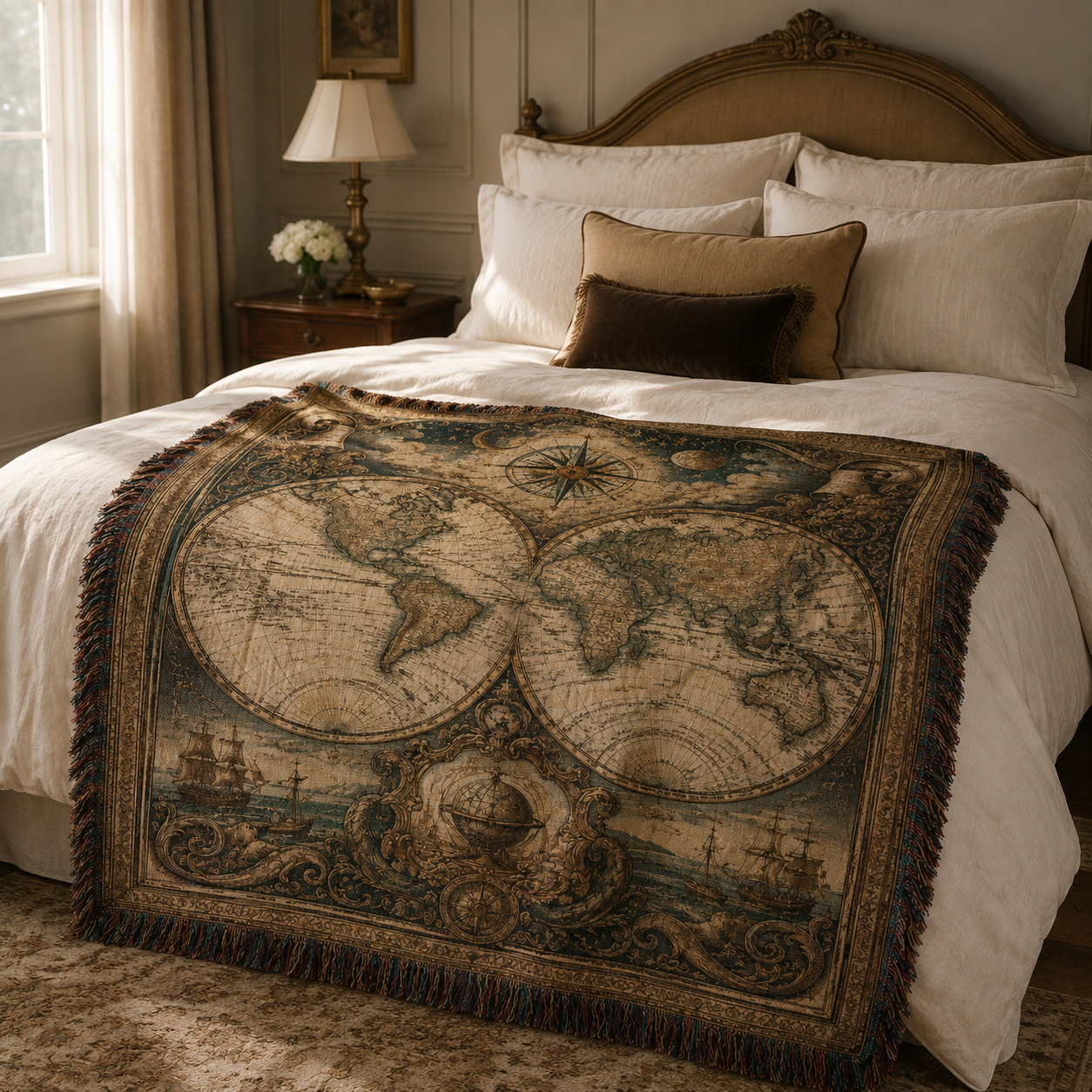 Antique world map woven blanket styled across a cream bed in an elegant warm neutral bedroom