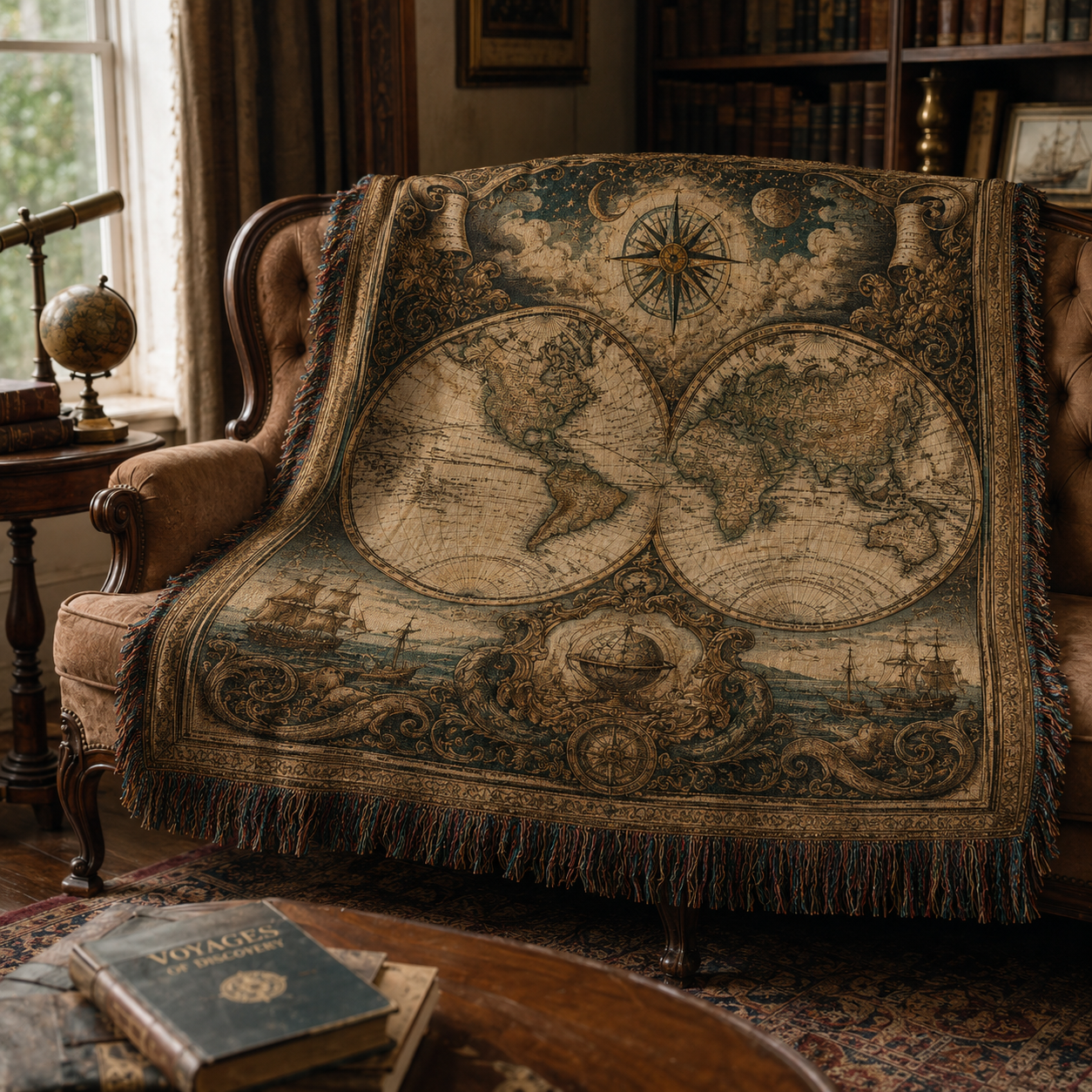Antique world map woven blanket draped over a classic sofa in a warm library with books, globe and telescope