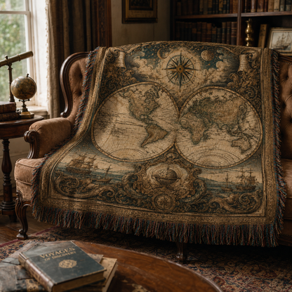 Antique world map woven blanket draped over a classic sofa in a warm library with books, globe and telescope