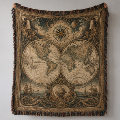 Antique double hemisphere world map woven blanket with compass rose, celestial details, sailing ships, ornate border and multicolor fringe