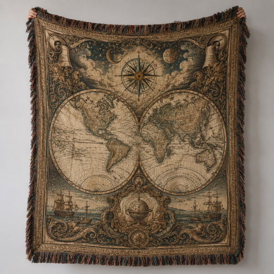 Antique double hemisphere world map woven blanket with compass rose, celestial details, sailing ships, ornate border and multicolor fringe