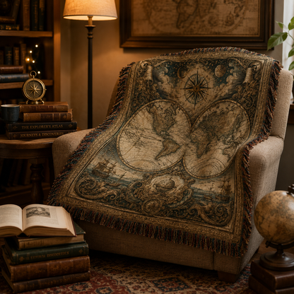 Antique world map woven blanket arranged on a reading chair beside explorer books, a compass and globe