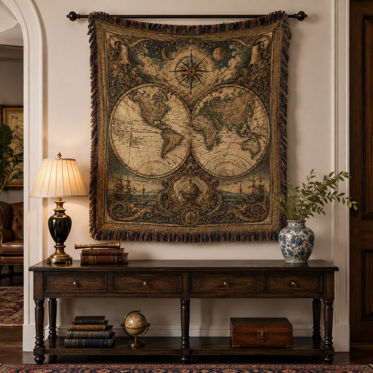 Antique world map woven blanket displayed as textile wall art above a dark wood console with books and globe
