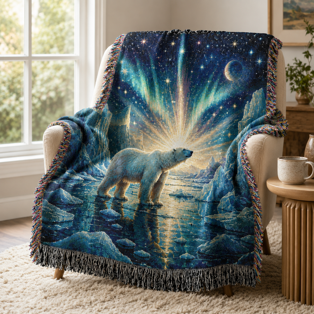 Polar bear aurora woven blanket draped over a cozy armchair by a bright window