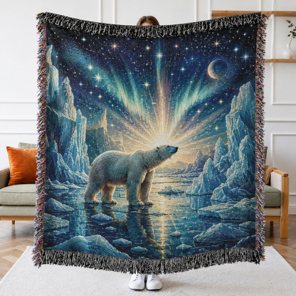 Arctic aurora polar bear woven blanket with stars, crescent moon and icy landscape
