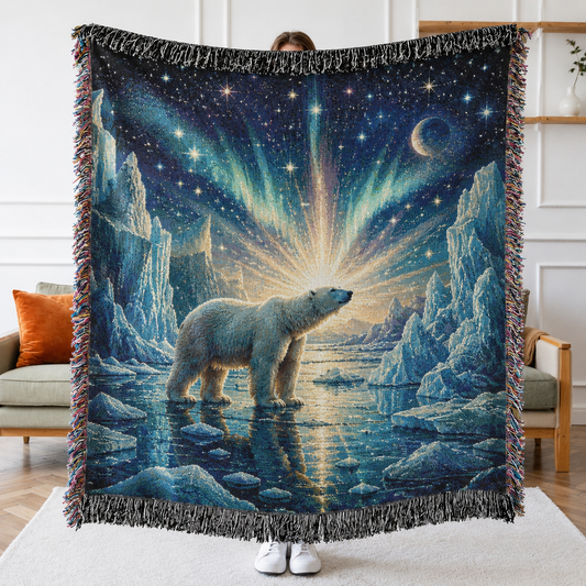 Arctic aurora polar bear woven blanket with stars, crescent moon and icy landscape