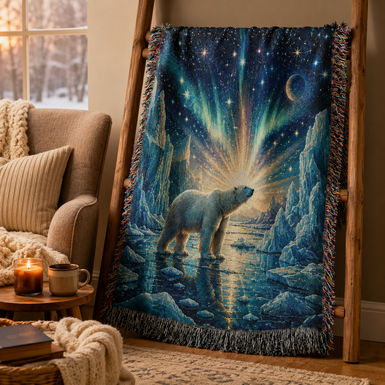 Aurora polar bear woven blanket draped over a wooden ladder in a cozy winter reading nook