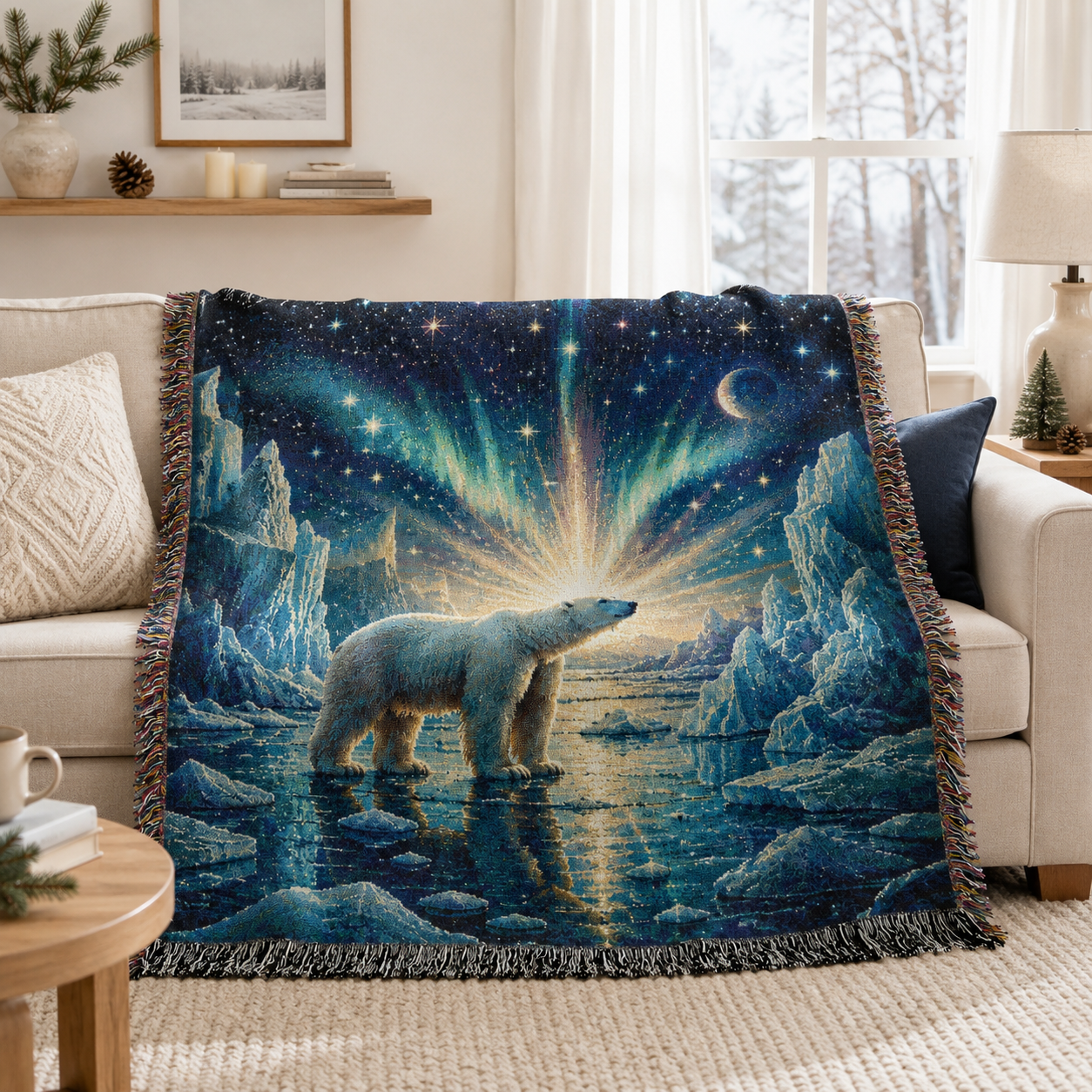 Polar bear aurora woven blanket styled on a cream sofa in a winter living room