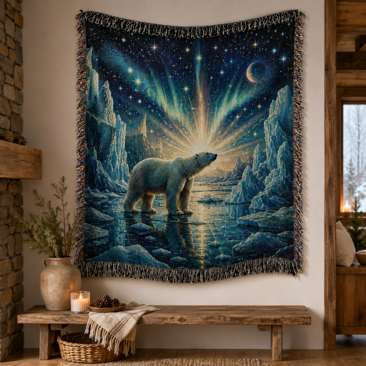Arctic aurora polar bear woven blanket displayed as wall decor in a rustic cabin