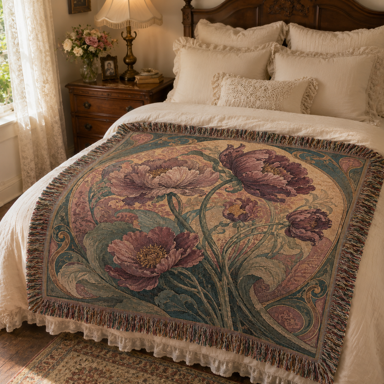 Art Nouveau peony woven blanket styled across a warm vintage bedroom bed