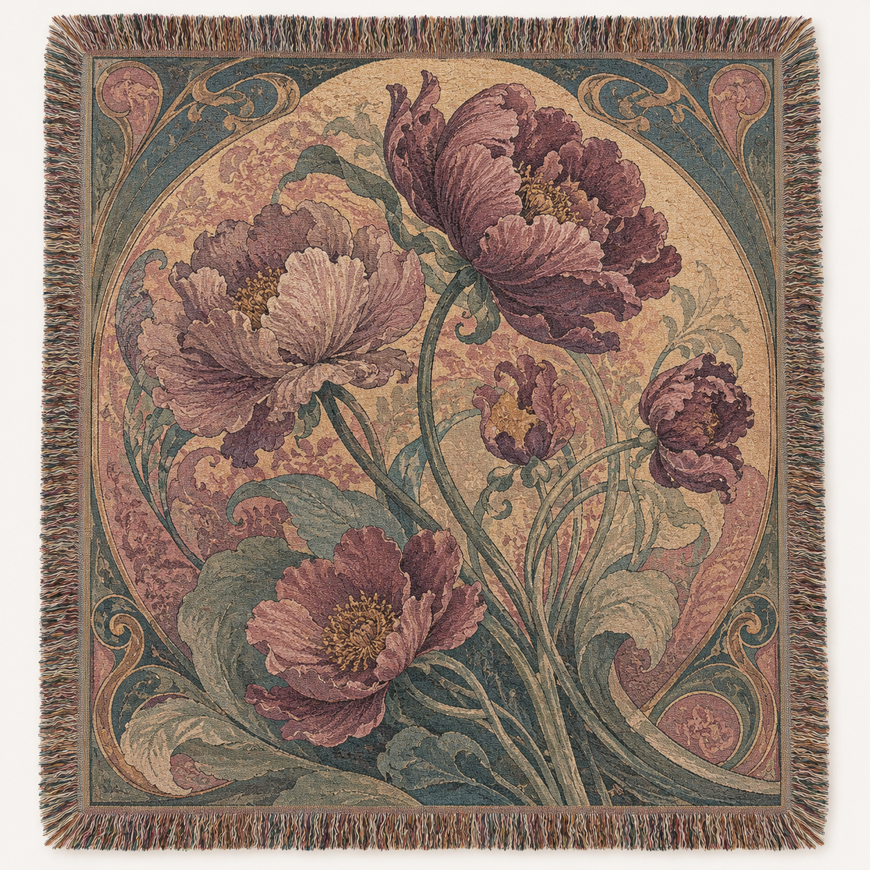 Art Nouveau peony woven blanket with ornate botanical border and fringe