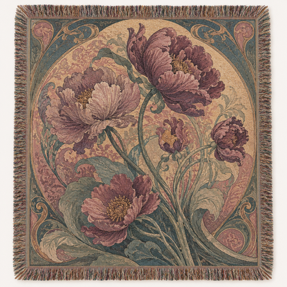 Art Nouveau peony woven blanket with ornate botanical border and fringe