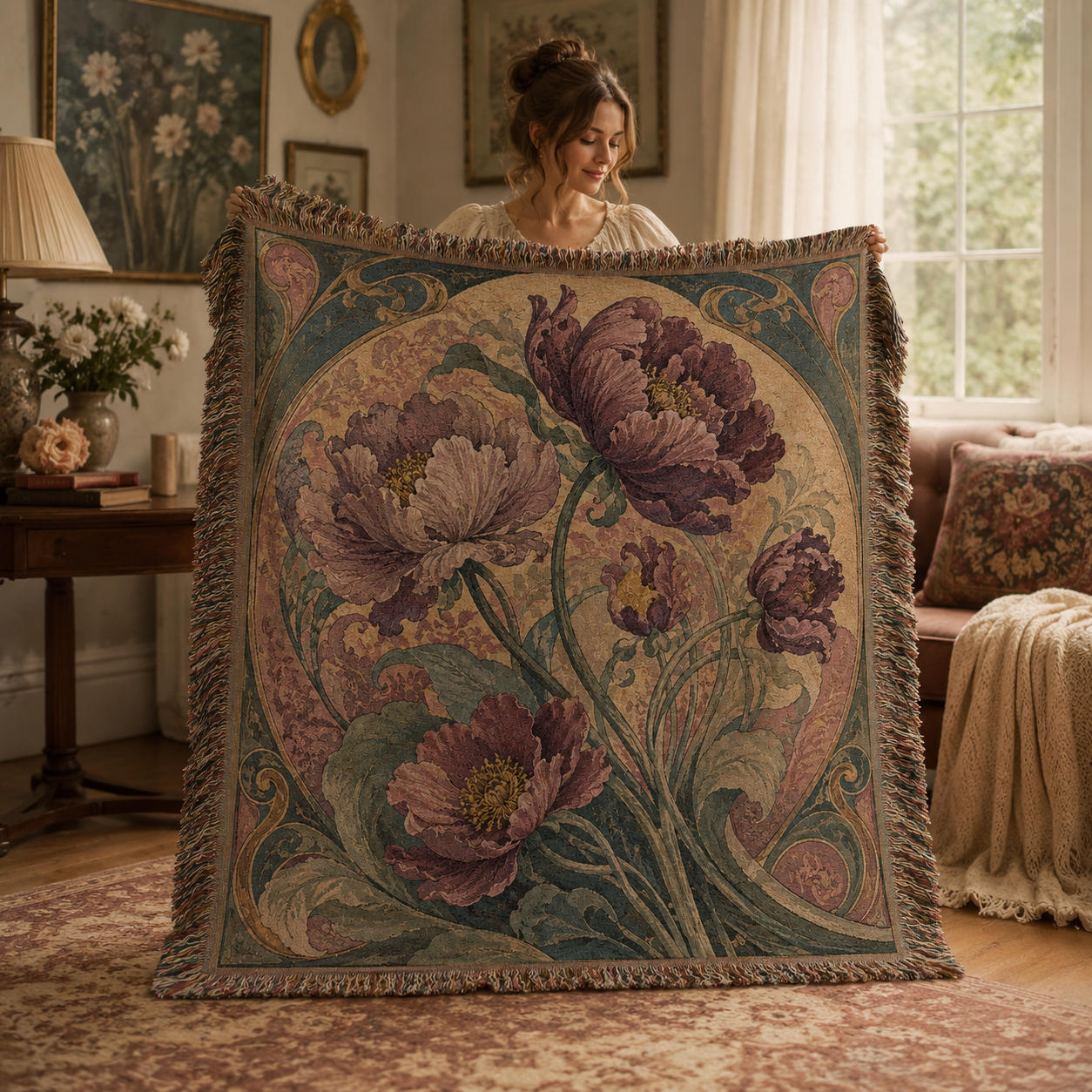 Woman holding an Art Nouveau peony woven blanket in a vintage living room