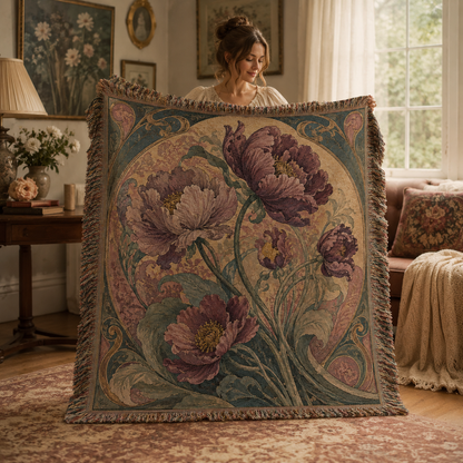 Woman holding an Art Nouveau peony woven blanket in a vintage living room