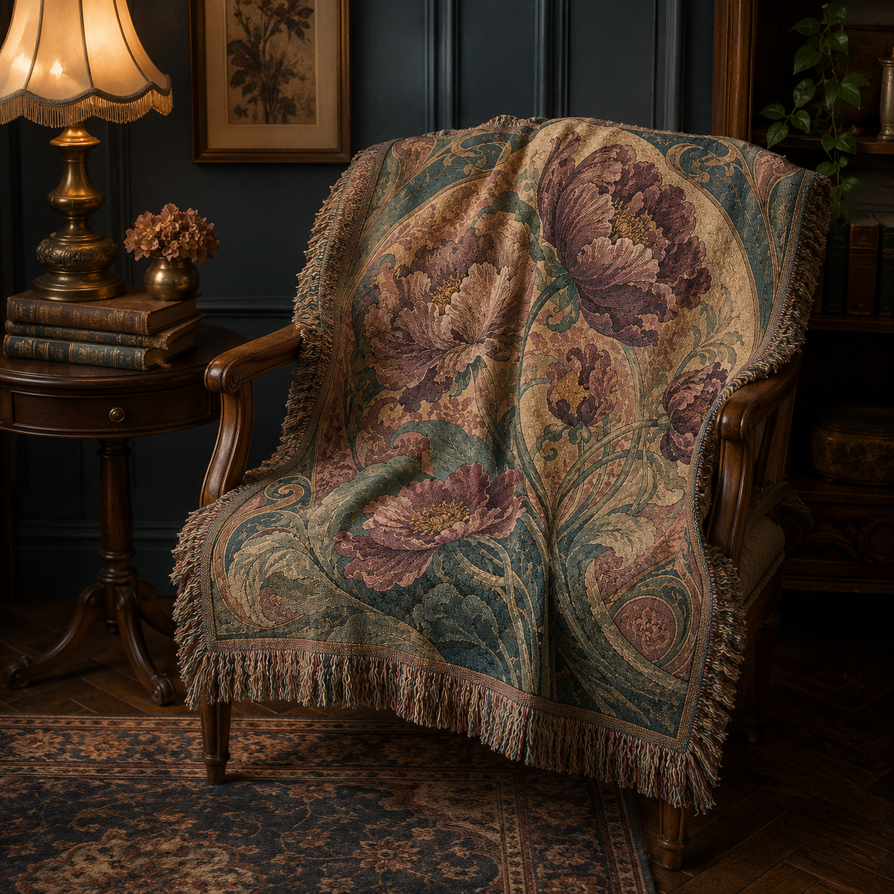 Art Nouveau peony woven blanket draped over a wooden reading chair