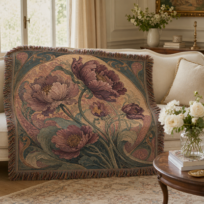 Art Nouveau peony woven blanket styled on an elegant cream sofa