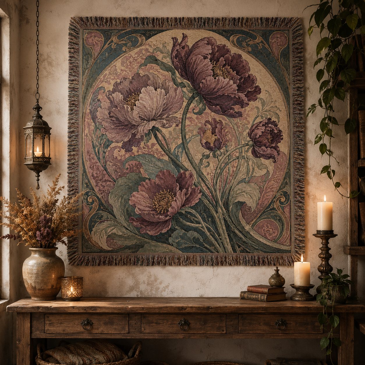 Art Nouveau peony woven blanket displayed as botanical wall tapestry