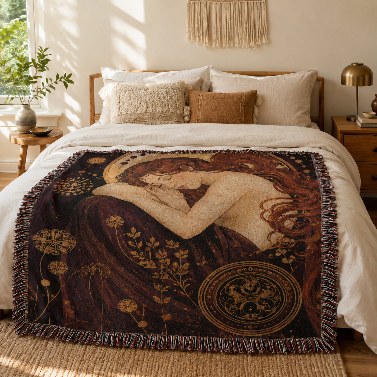 Art Nouveau sleeping woman woven throw blanket displayed across a sunlit bed