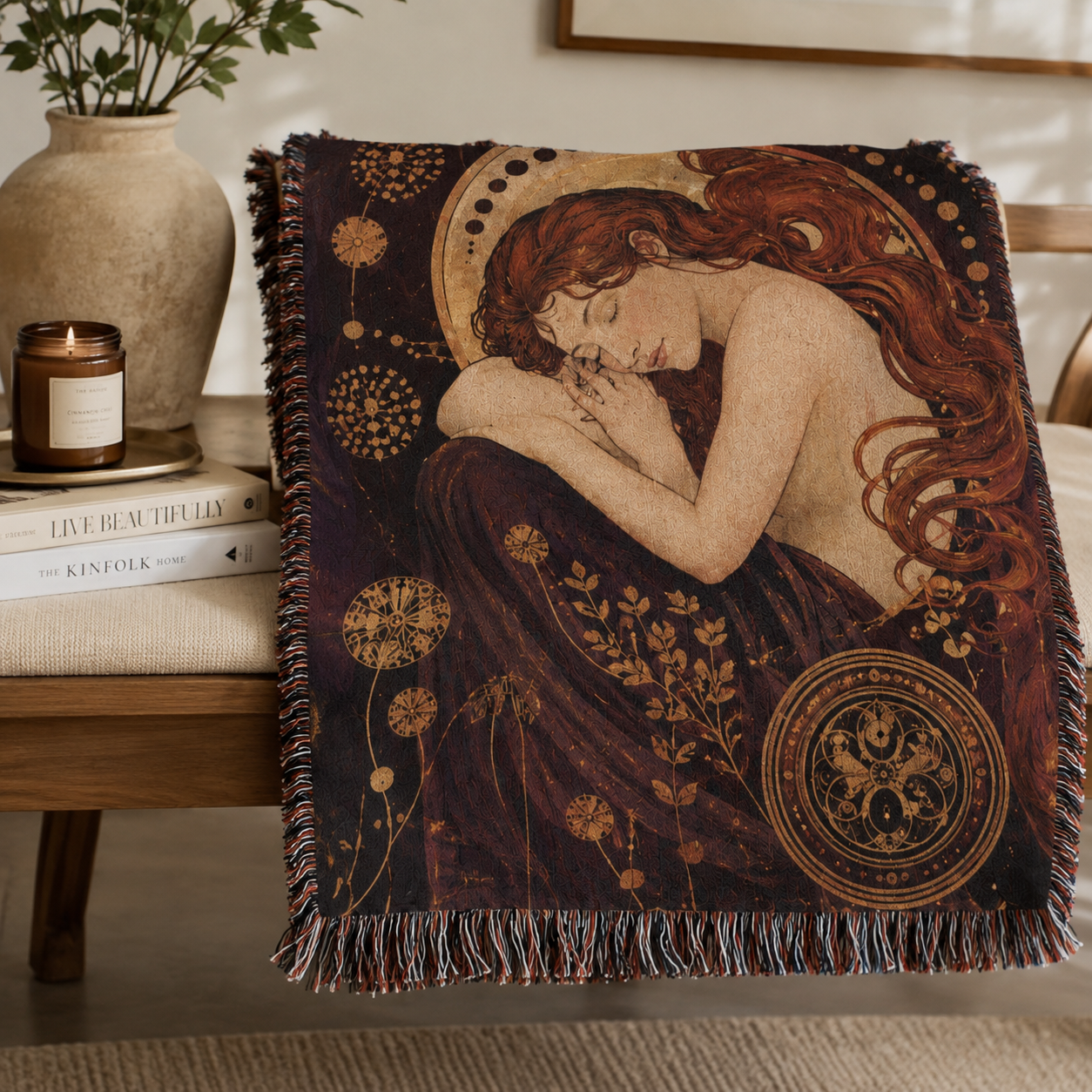 Art Nouveau sleeping muse woven blanket folded with visible fringe and textile detail