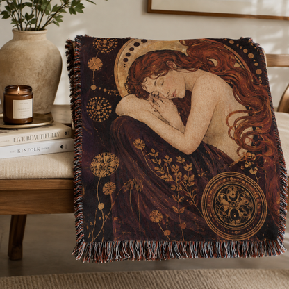 Art Nouveau sleeping muse woven blanket folded with visible fringe and textile detail