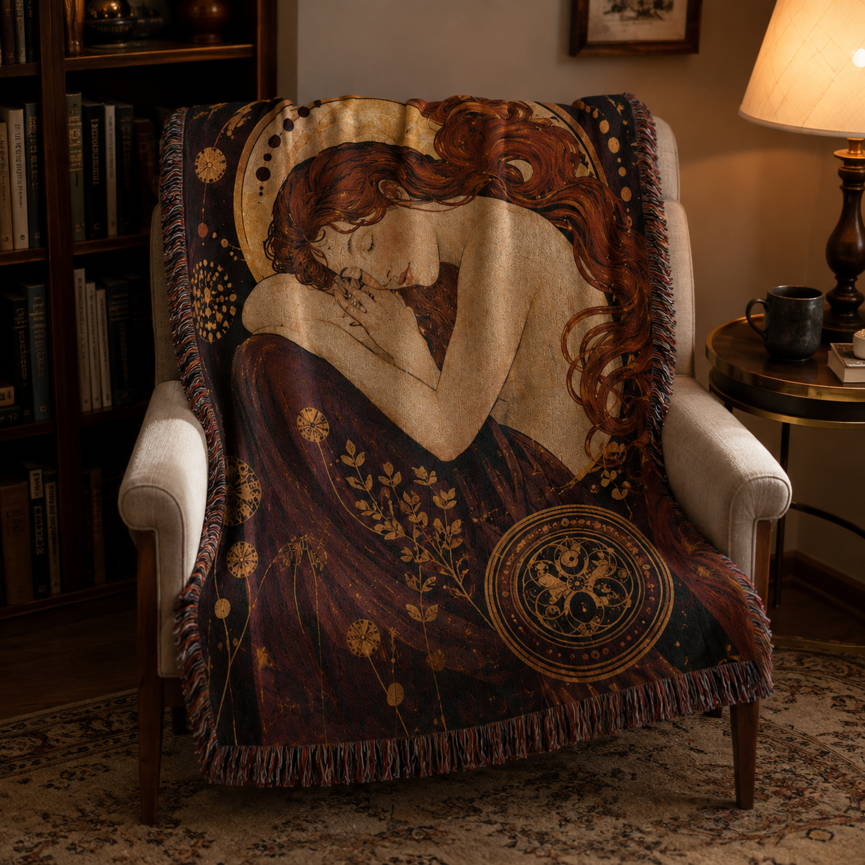 Art Nouveau celestial woven throw blanket draped over a cozy reading chair