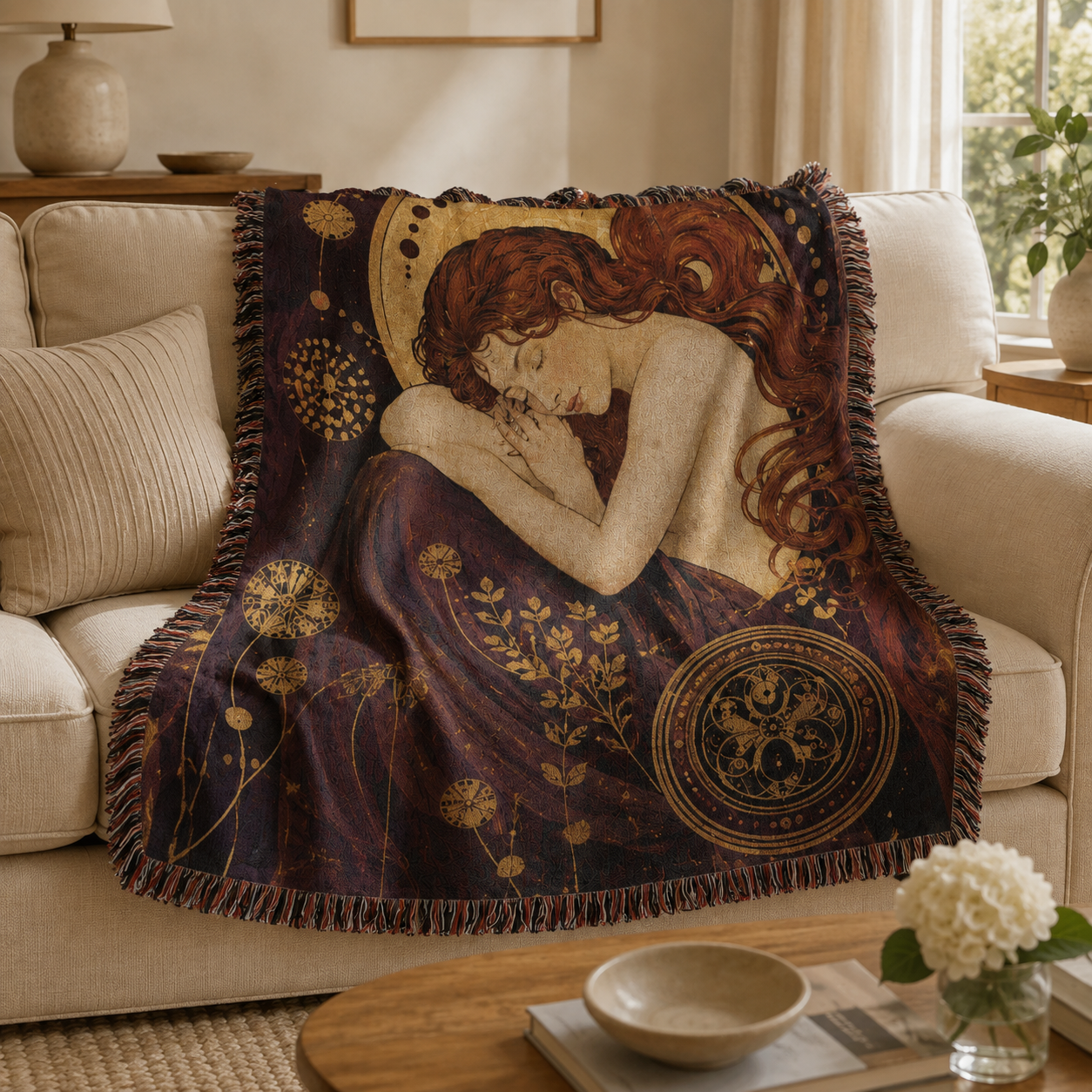 Art Nouveau sleeping muse woven blanket styled on a neutral living room sofa