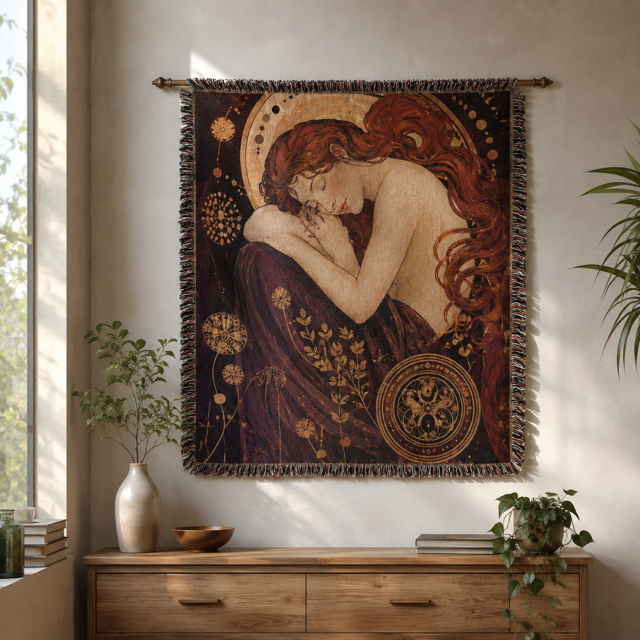 Art Nouveau sleeping muse woven blanket displayed as tapestry wall decor