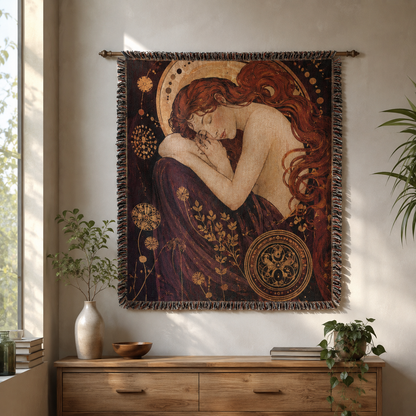 Art Nouveau sleeping muse woven blanket displayed as tapestry wall decor