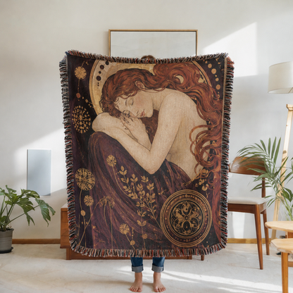 Art Nouveau sleeping muse woven throw blanket with auburn hair and celestial gold motifs
