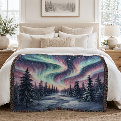 Aurora borealis snowy forest woven blanket styled across a cozy winter bedroom bed