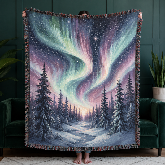Aurora borealis winter forest woven tapestry blanket with multicolor fringe