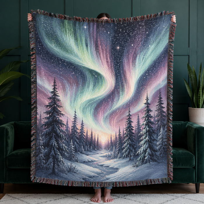 Aurora borealis winter forest woven tapestry blanket with multicolor fringe