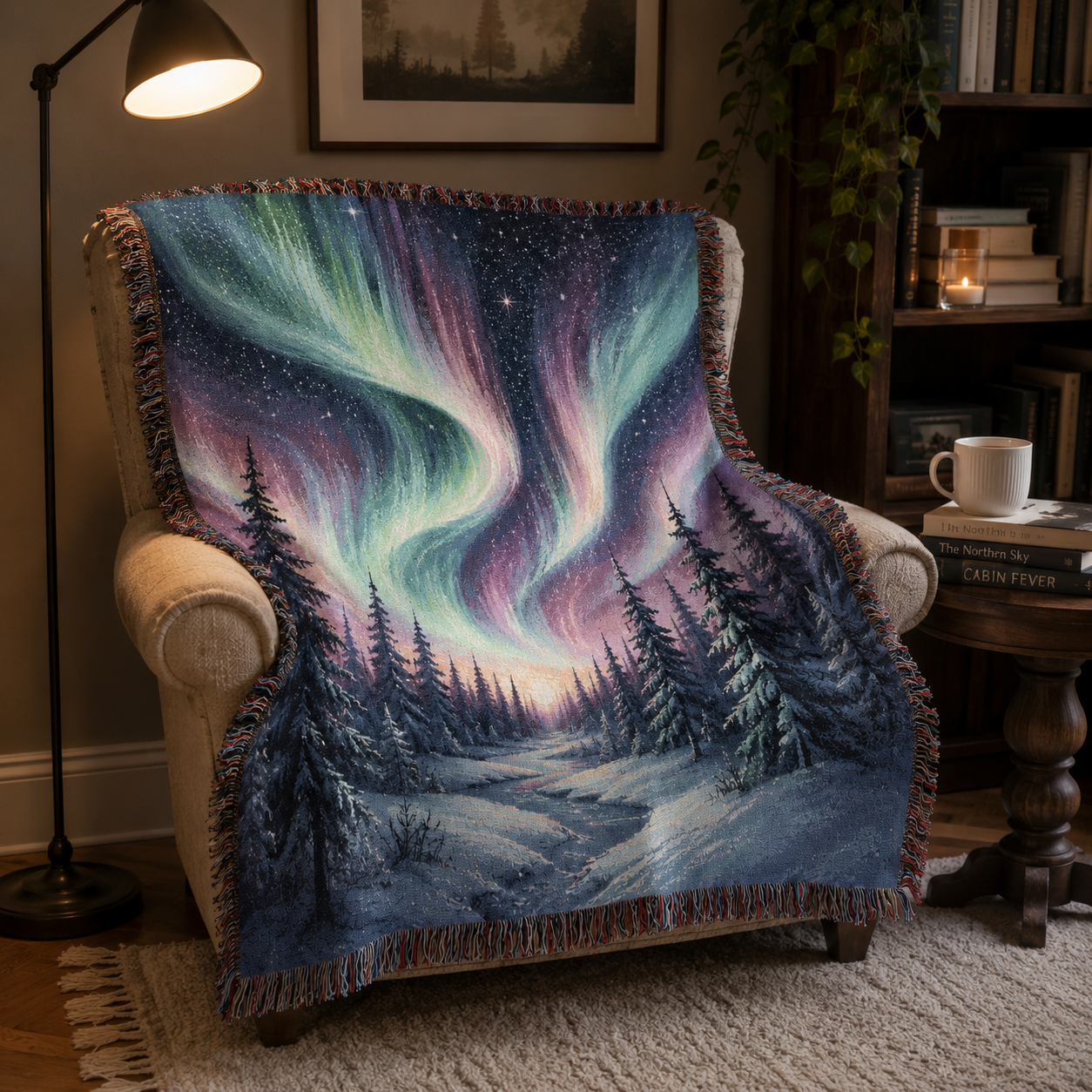 Aurora winter forest woven tapestry blanket in a cozy reading nook
