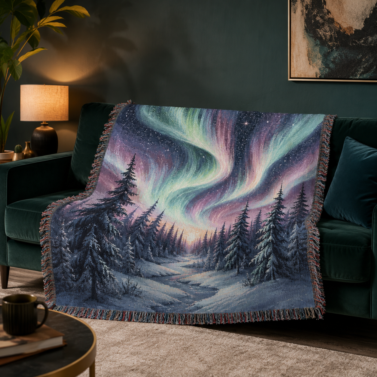 Northern lights winter forest woven blanket draped over a dark green sofa