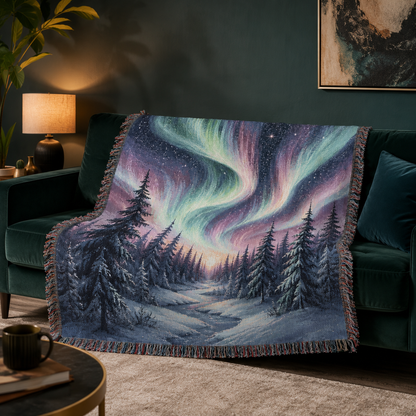 Northern lights winter forest woven blanket draped over a dark green sofa