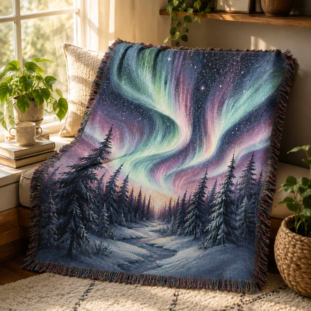 Northern lights snowy forest woven blanket styled in a sunlit window seat