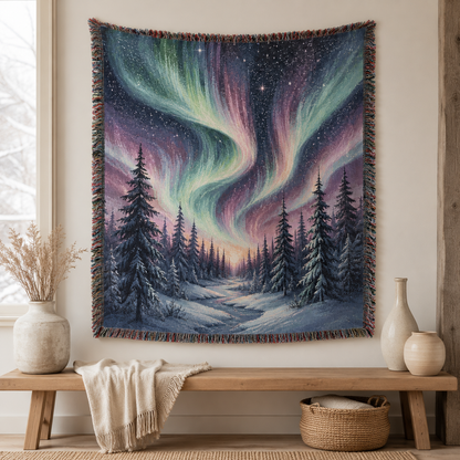 Northern lights winter forest woven tapestry blanket displayed as wall decor