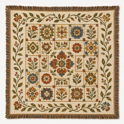 Autumn meadow floral patchwork woven blanket with botanical vine border
