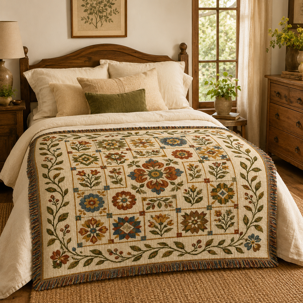 Autumn floral patchwork woven blanket displayed across a rustic bedroom bed