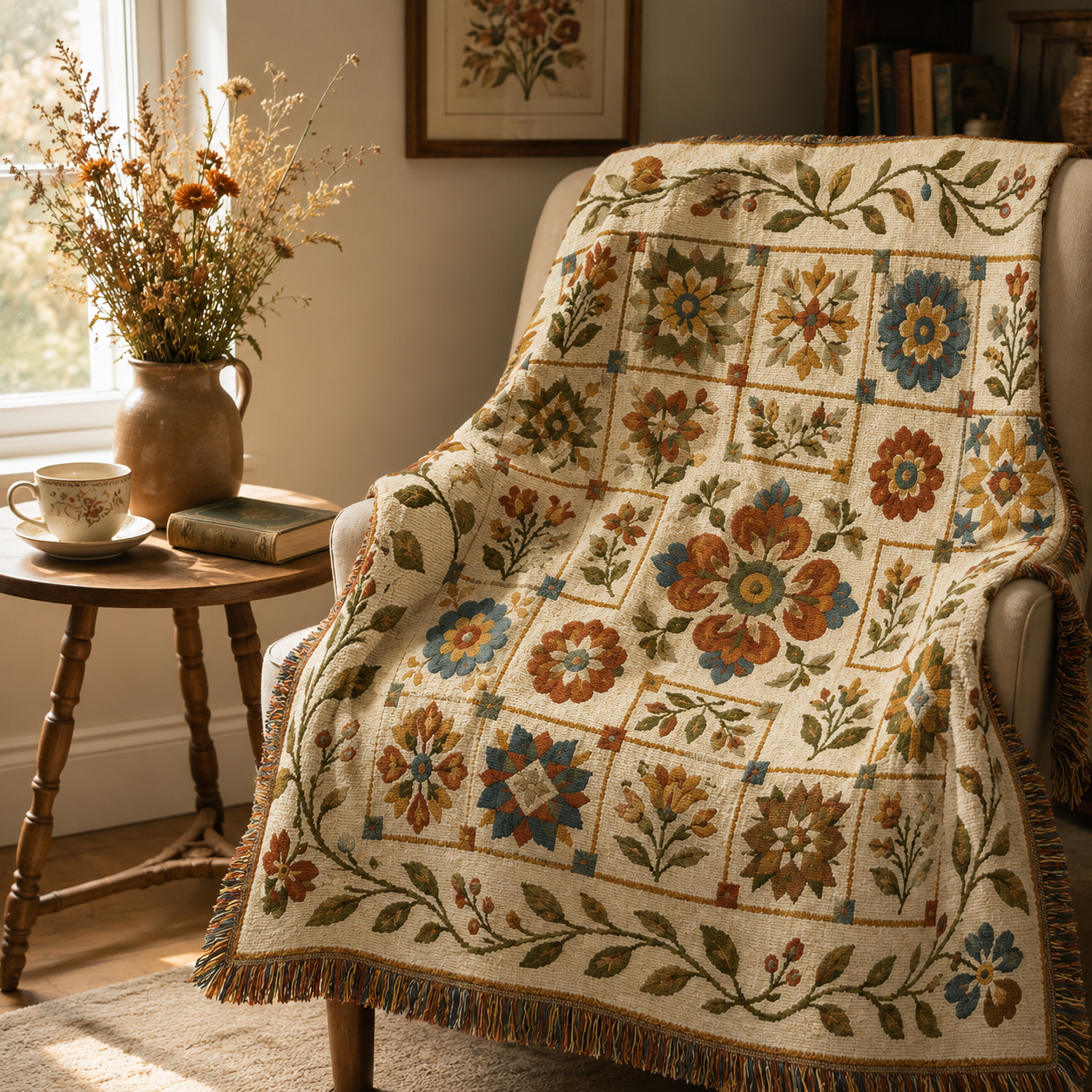 Botanical patchwork woven blanket draped over a cozy reading chair