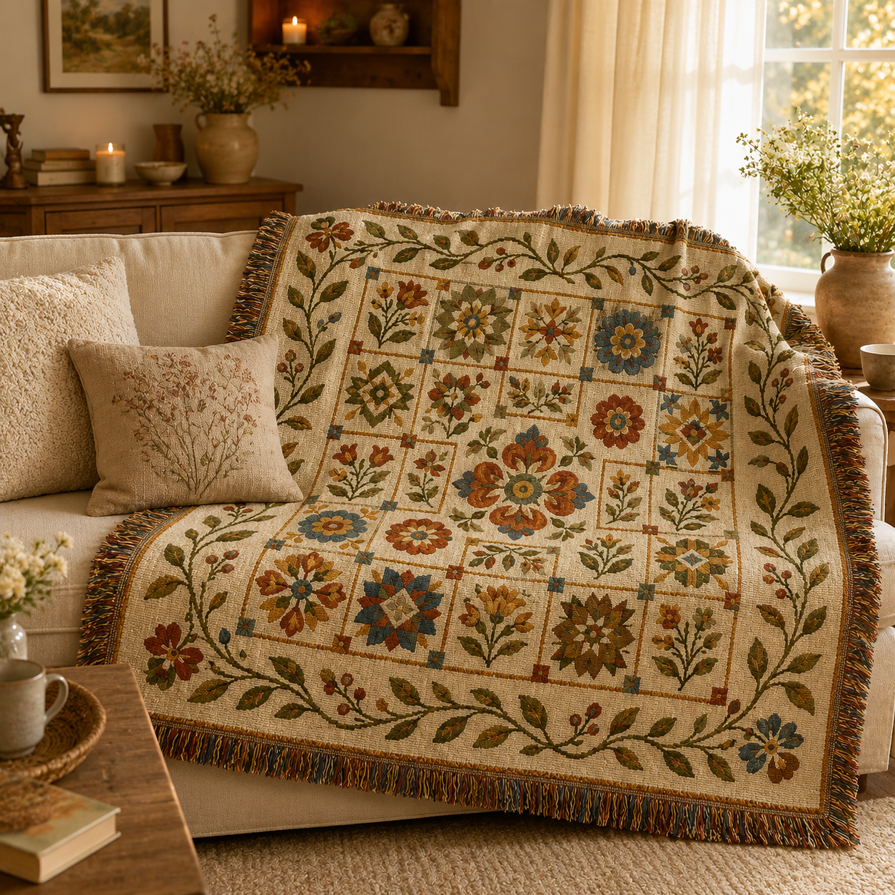 Autumn meadow floral woven blanket styled on a cozy cottage sofa