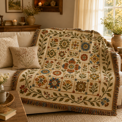Autumn meadow floral woven blanket styled on a cozy cottage sofa