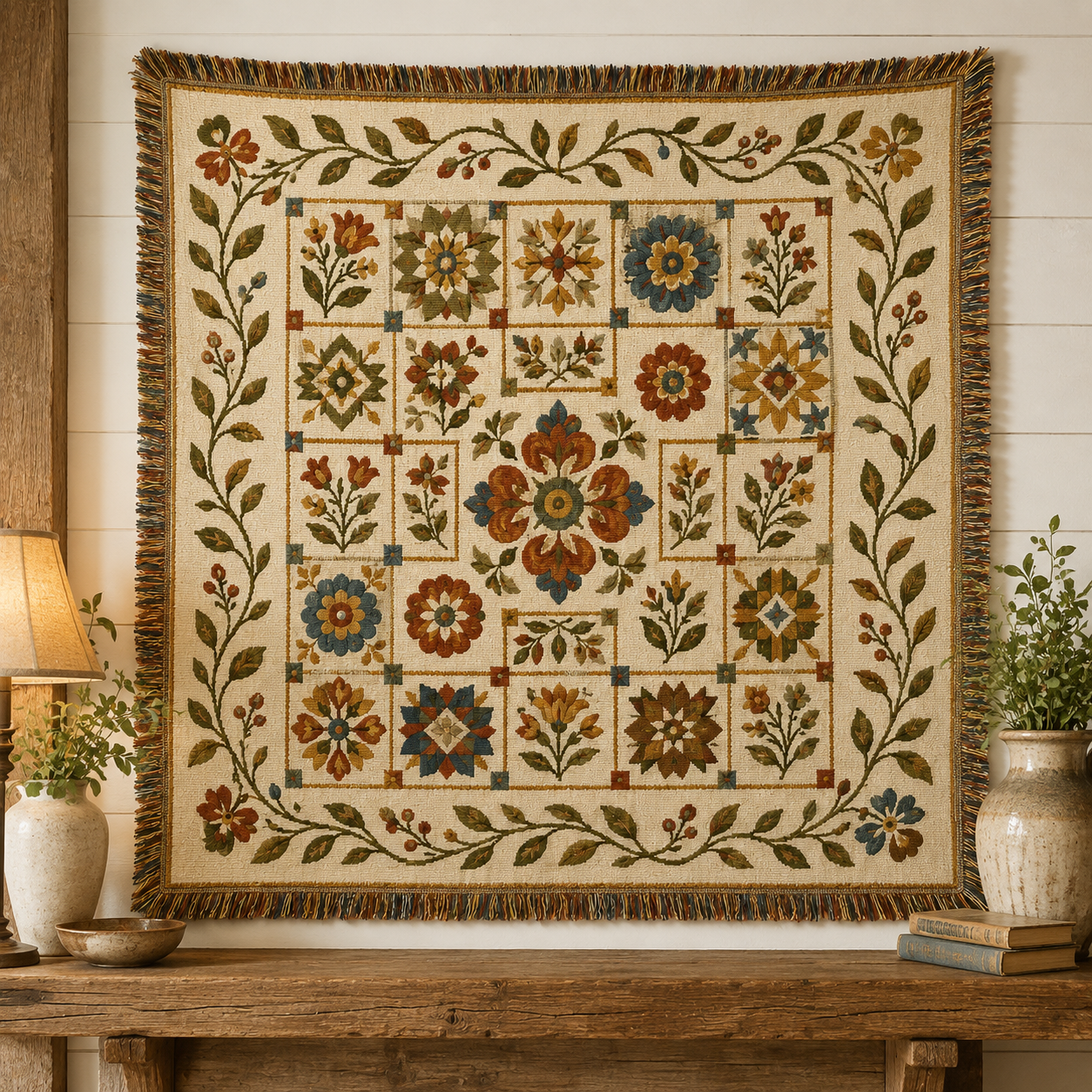 Autumn meadow floral woven tapestry blanket displayed as farmhouse wall decor