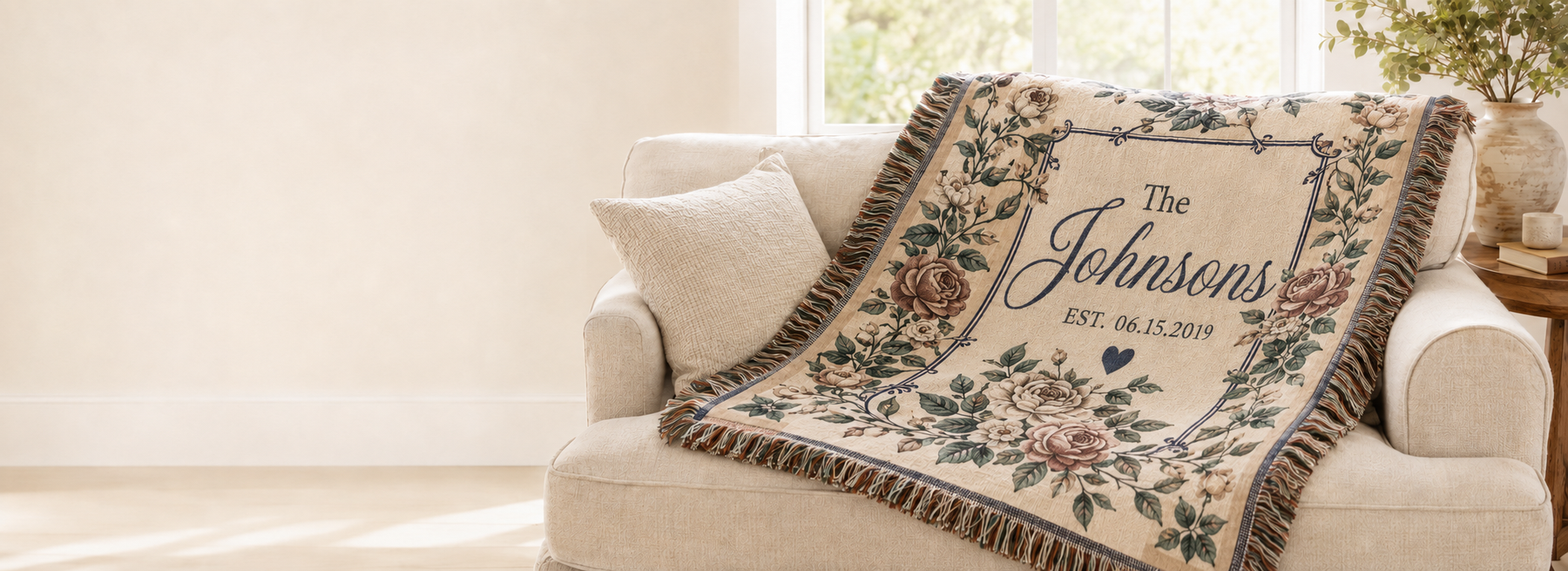 Personalized Johnsons family woven blanket with established date displayed on an ivory sofa