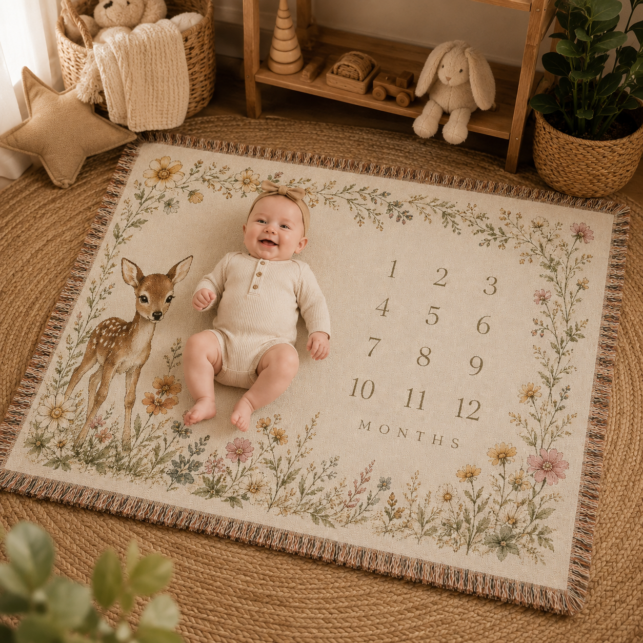 Baby sitting on floral deer milestone woven blanket in a cozy nursery